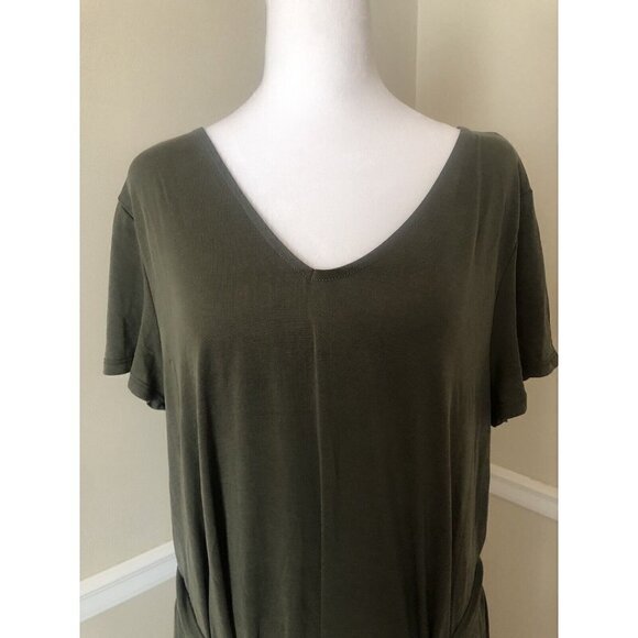 NWT Ava & Viv Size X Olive Green Maxi Midi Dress Short Sleeve Belted - Picture 2 of 8